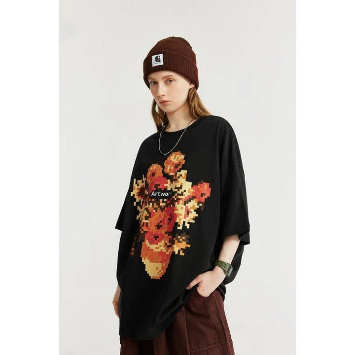 Trendy metallic sunflower print t-shirt in black and khaki colours, made from soft and breathable cotton fabric