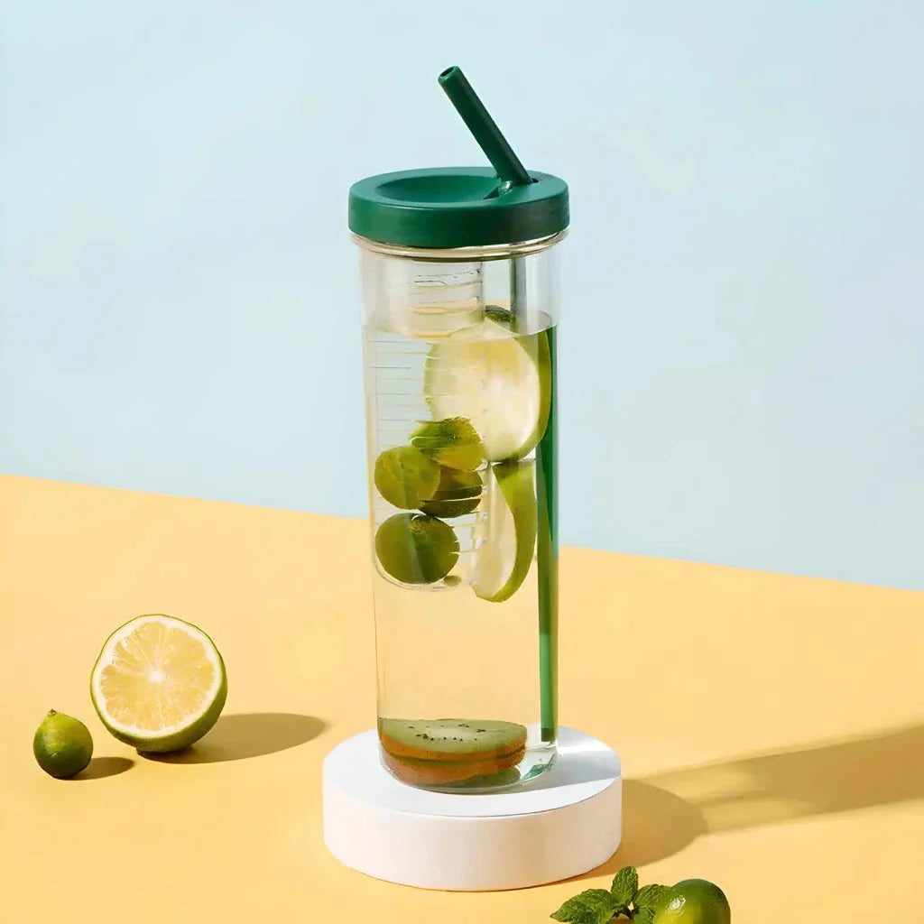 A transparent 700ml drinking bottle with a straw and built-in lemon filter, perfect for staying hydrated on the go.