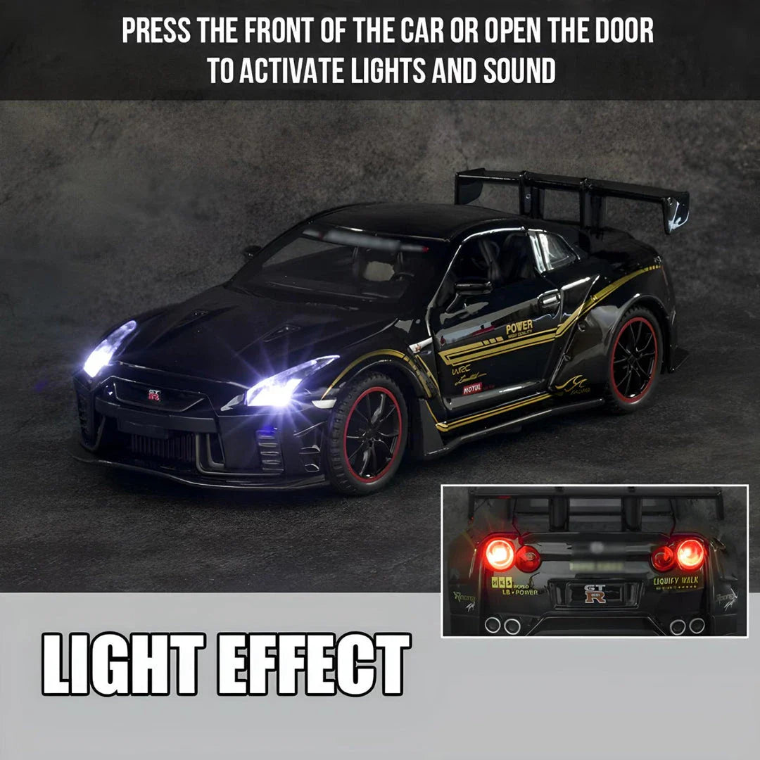 Premium 1:32 scale diecast model of the iconic Skyline R34 and R35 sports car, featuring detailed construction, interactive elements, and authentic design.