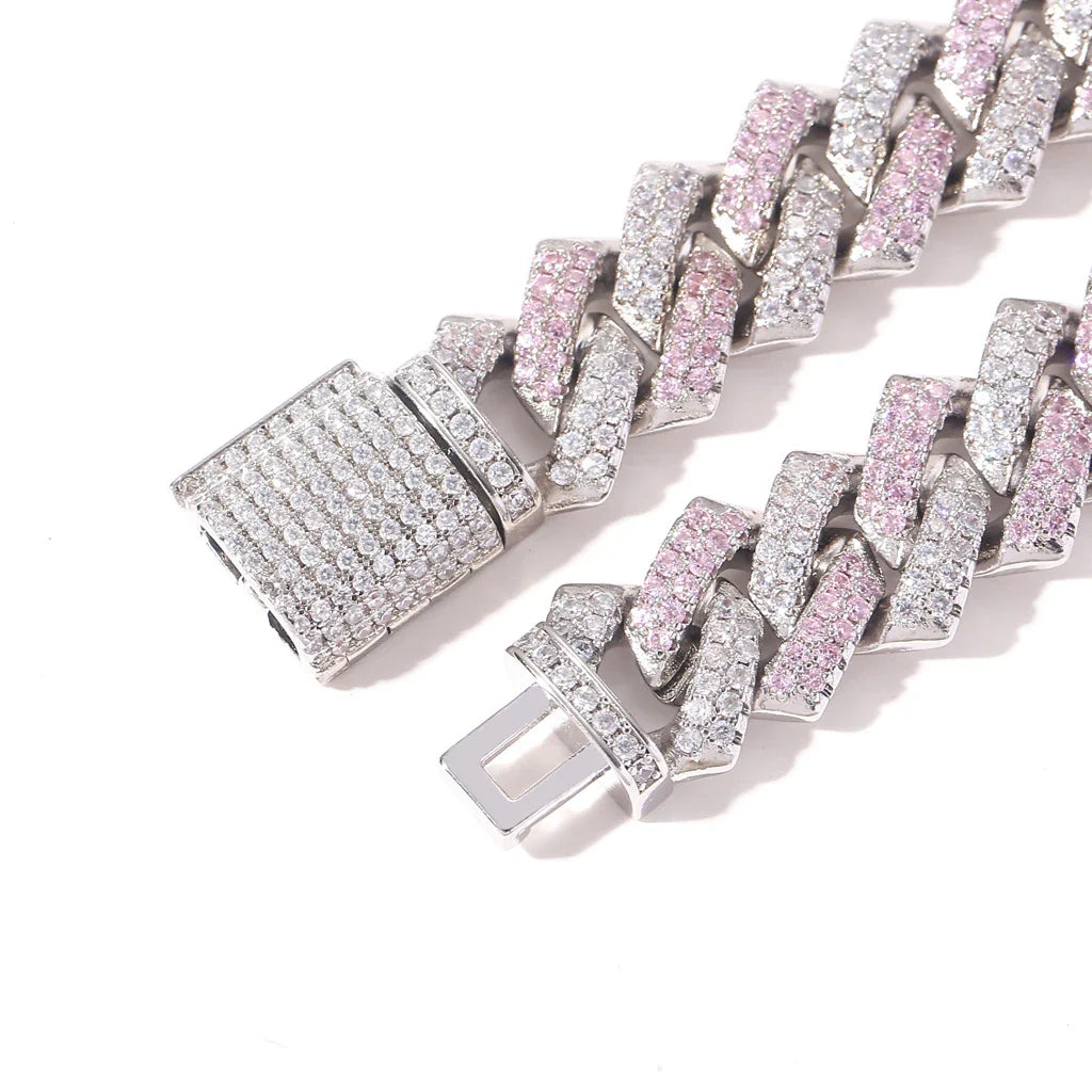 Stylish men's hip hop necklace with pink zircon stone and adjustable Cuban link chain