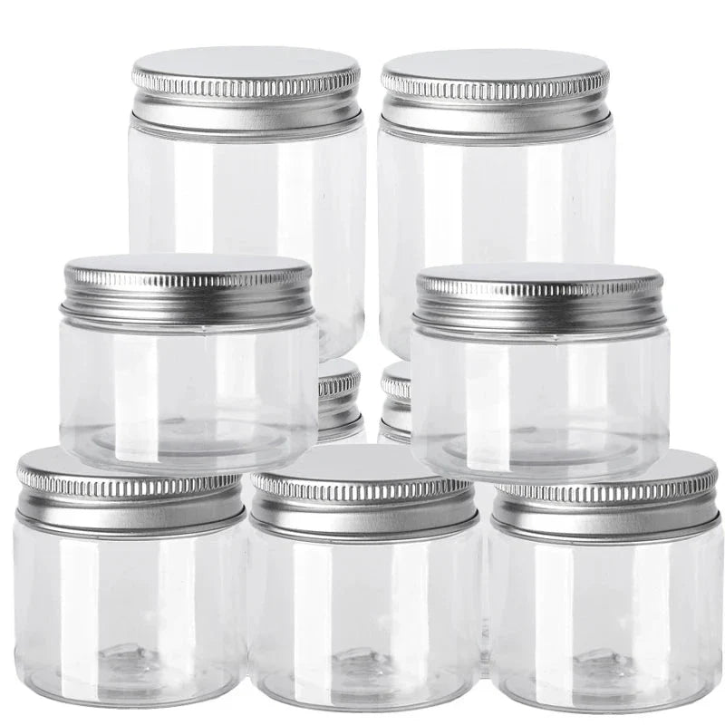 Premium 10-piece set of clear plastic storage jars with aluminium lids for organising cosmetics, food, and household items