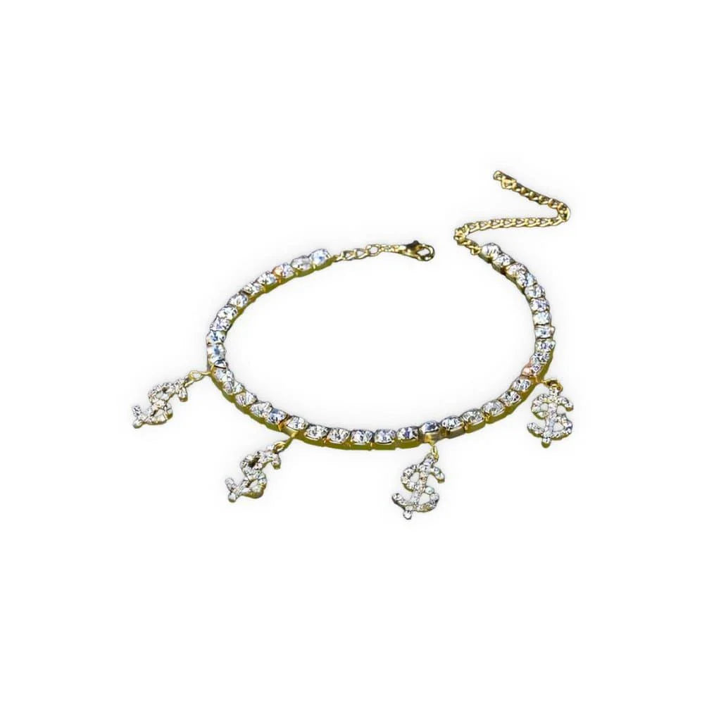 Sparkling gold-colored brass anklet adorned with dollar charms and rhinestones