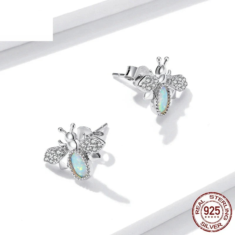 Charming Bee Stud Earrings with 925 sterling silver, white gold plating, and sparkling zircon and opal accents