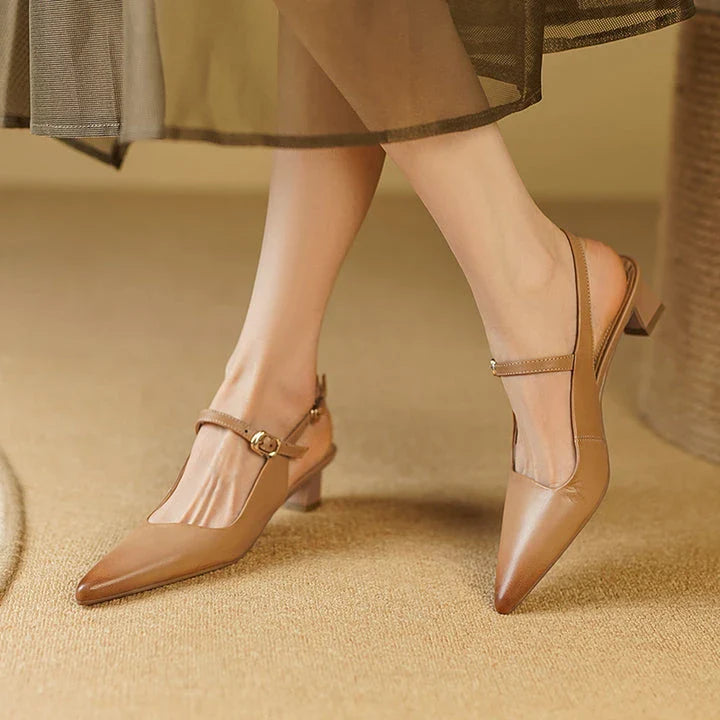 Elegant women's high heel sandals made from genuine leather with a stylish square heel and buckle strap closure