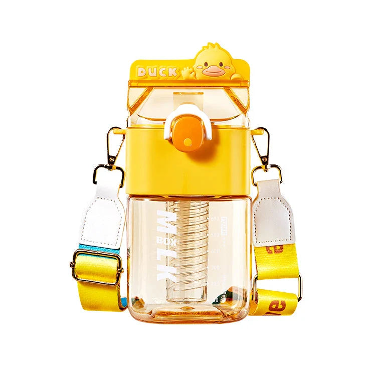Charming cartoon-themed reusable plastic cup with straw and tea infuser, perfect for daily hydration and on-the-go use