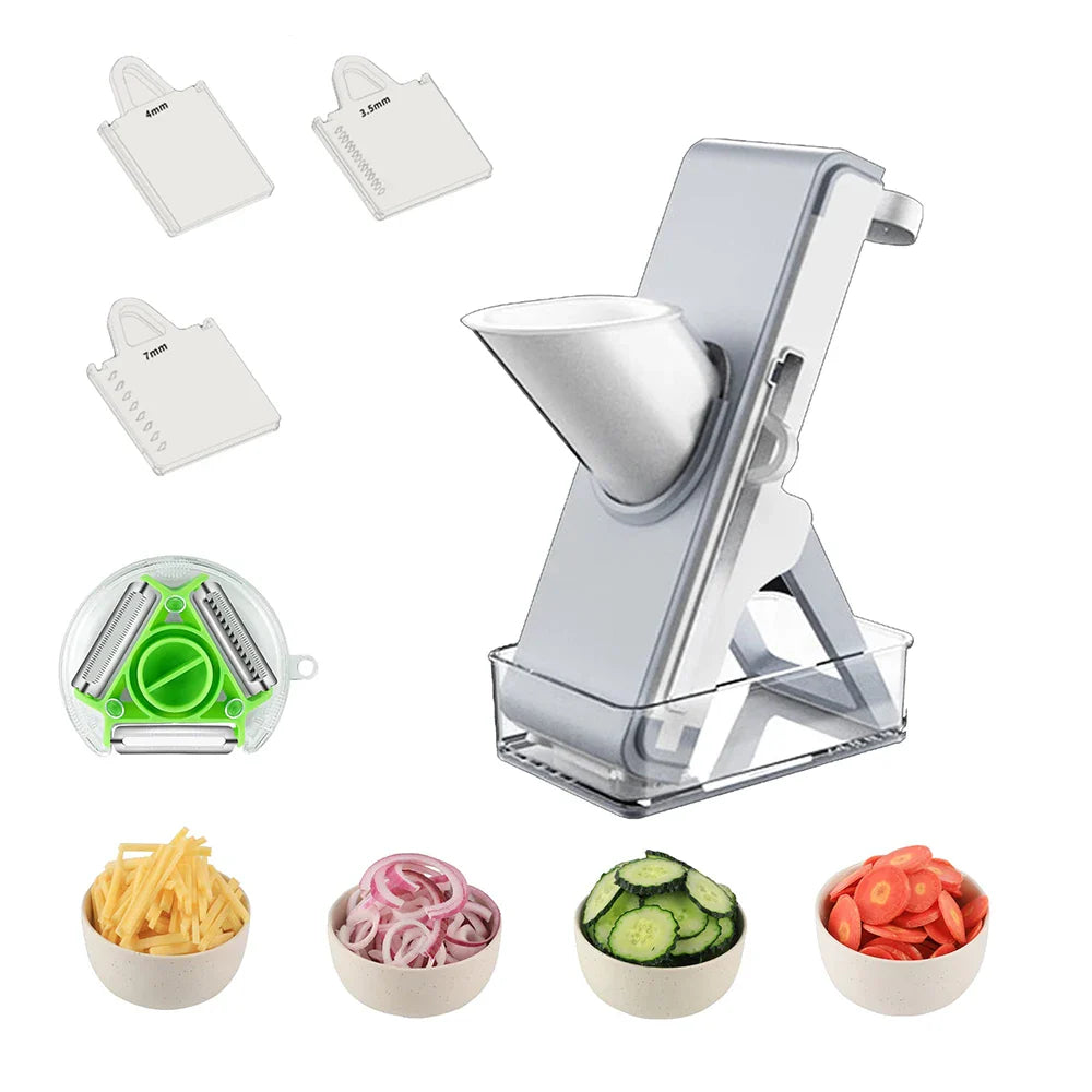Adjustable Mandoline Slicer with interchangeable blades for slicing, chopping, and cutting vegetables and fruits