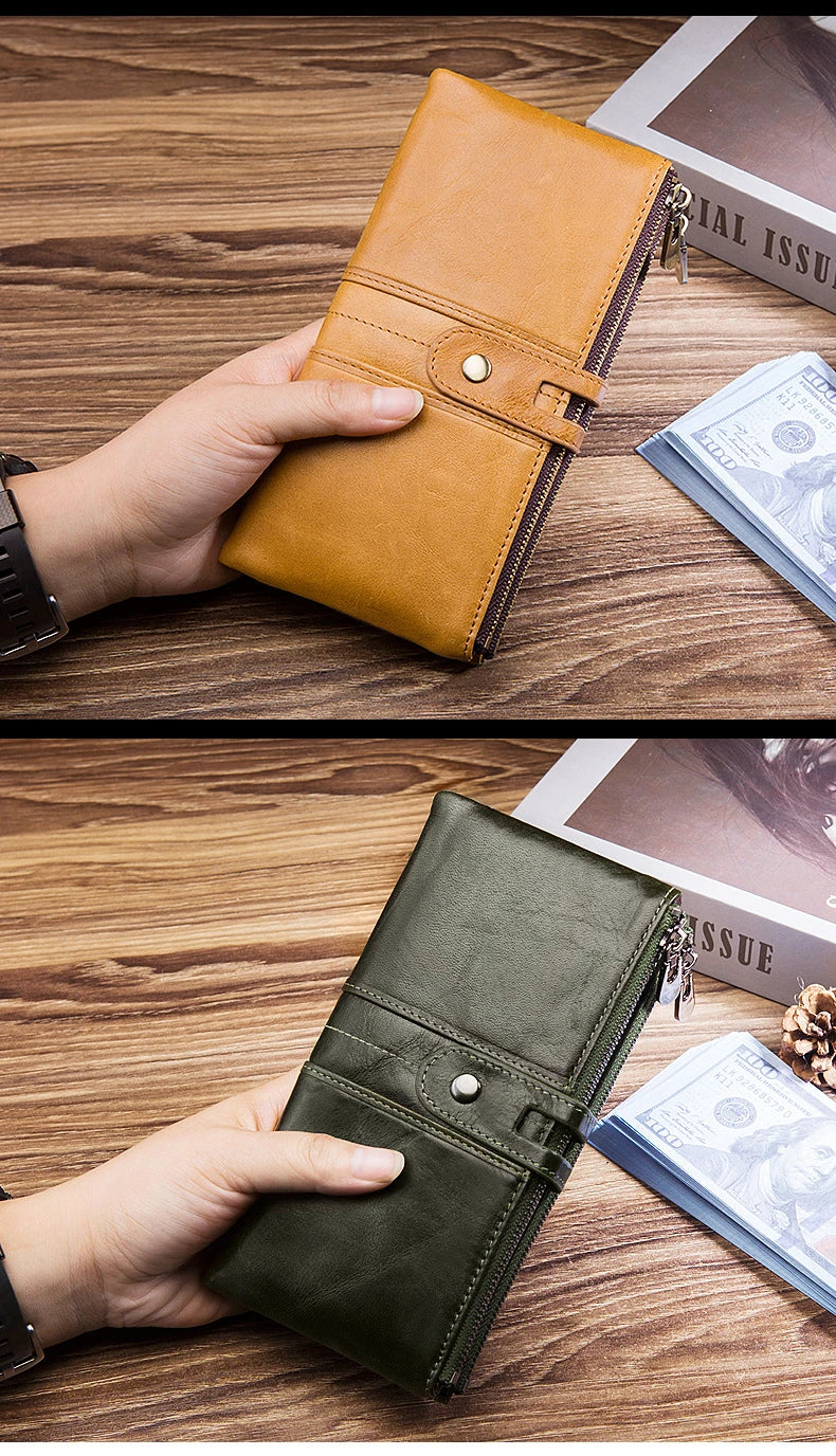Trendha Premium Cowhide Leather Wallet with Multiple Card Slots and Secure Zipper Compartment