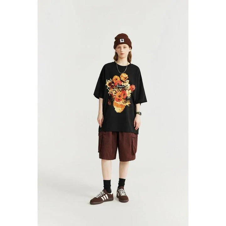 Trendy metallic sunflower print t-shirt in black and khaki colours, made from soft and breathable cotton fabric