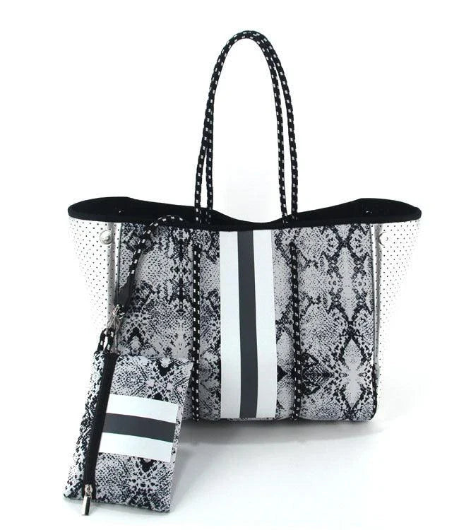 A neoprene beach bag in a stylish design, perfect for British summer adventures at the coast