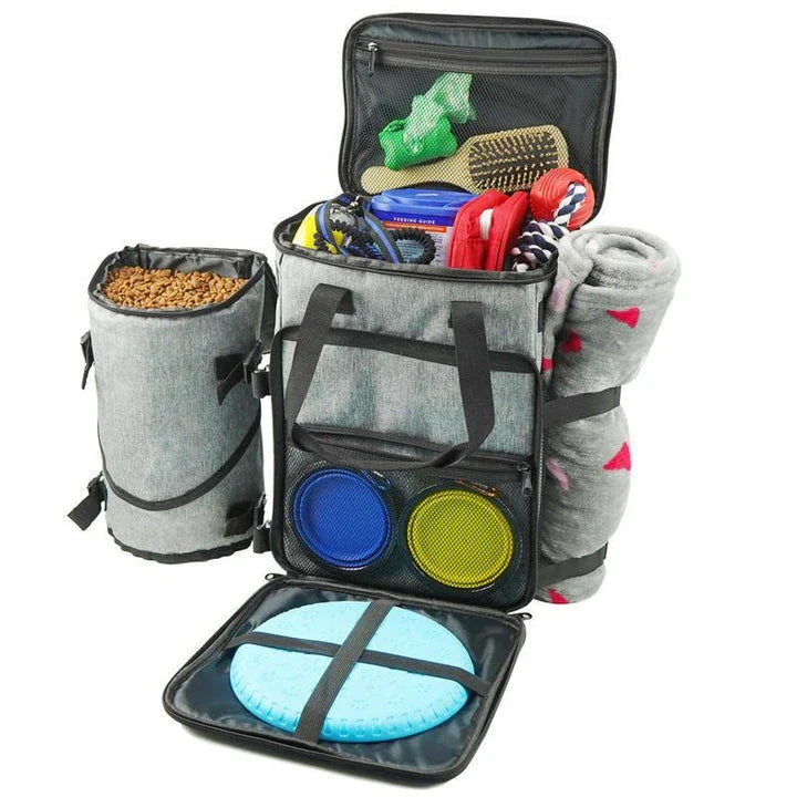 Airline-approved pet travel backpack made of durable nylon with multiple pockets for organised storage and adjustable straps for comfortable carrying
