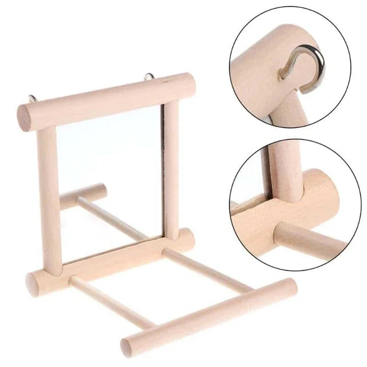Premium bird mirror toy with sturdy wooden perch, designed to captivate and entertain your feathered friend