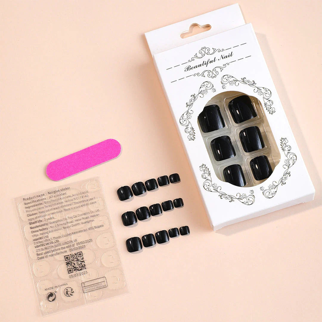 Set of 24 black glossy false toenails for a salon-quality pedicure