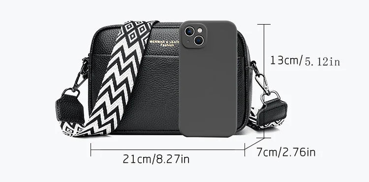 Stylish leather crossbody bag with embroidered strap in various colours