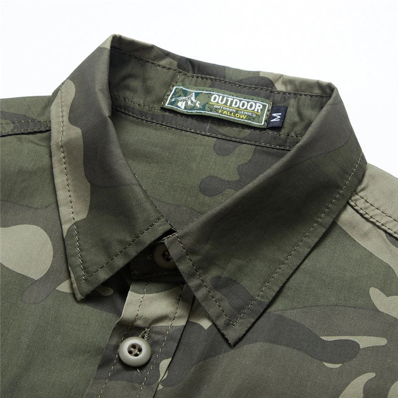 Men's long sleeve casual overalls shirt in army green, khaki, and grey colours with Japanese-inspired lapel design