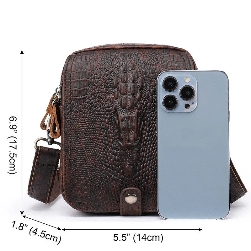 Premium cowhide leather diagonal shoulder bag for men, featuring a sophisticated box-shaped design and distinctive crocodile pattern