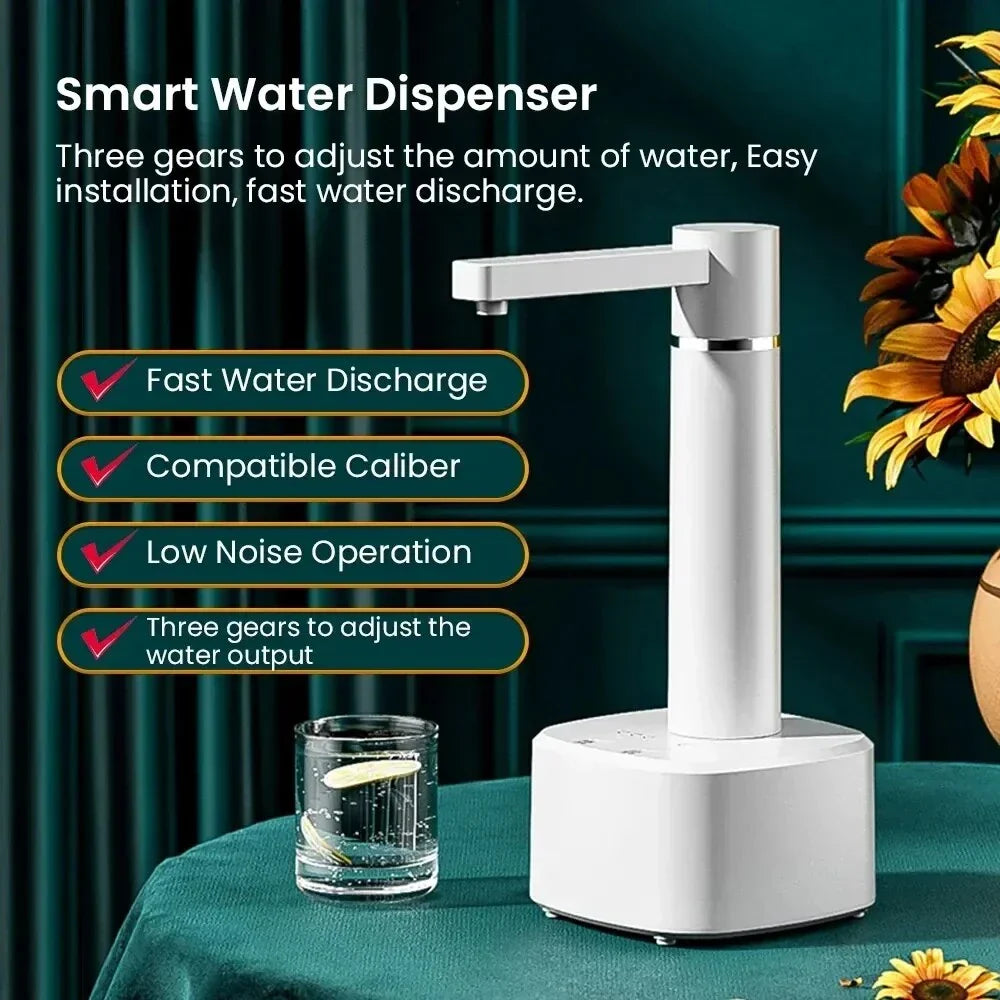 Electric water dispenser with adjustable flow, rechargeable USB power, and dual-use desktop or bucket compatibility
