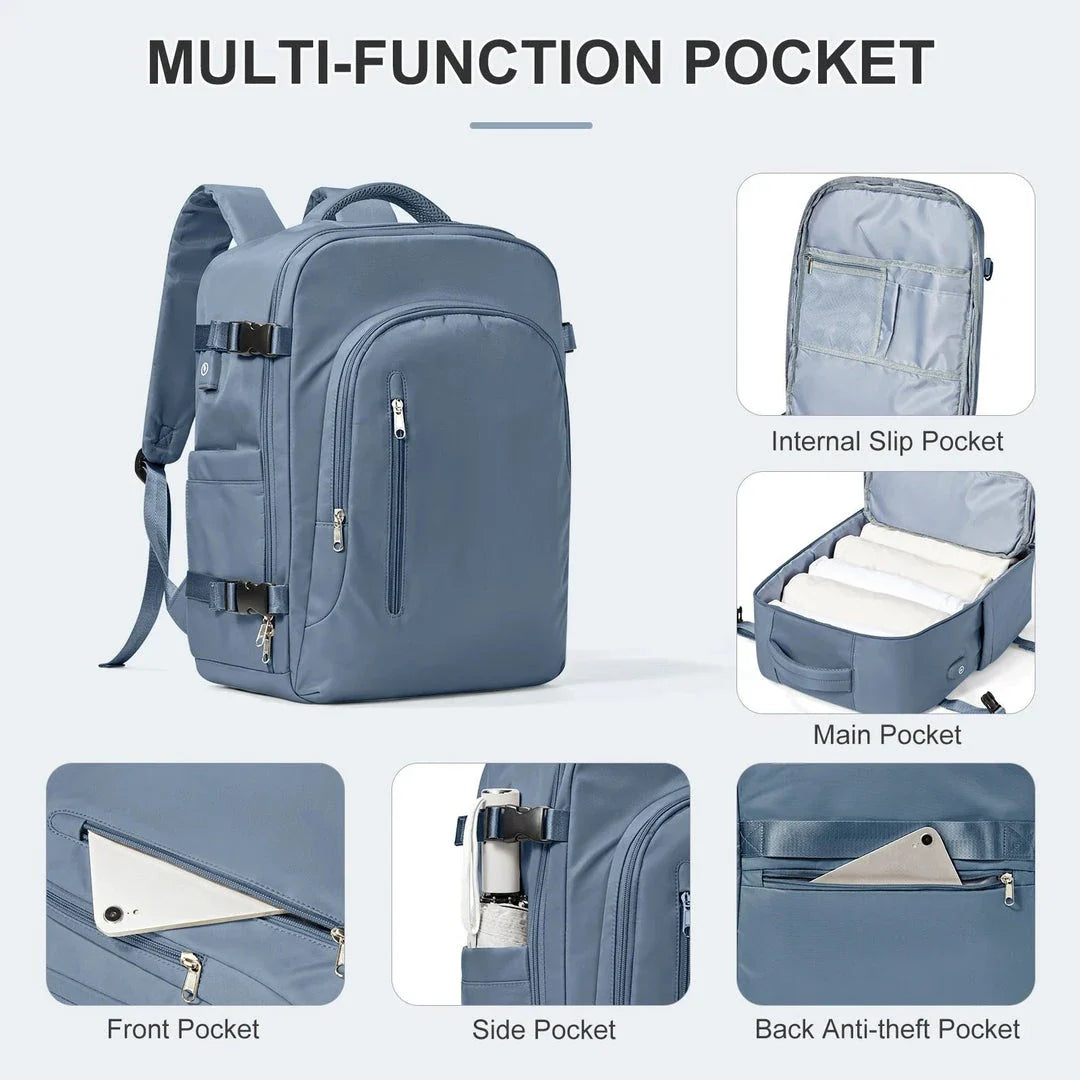 Multi-purpose laptop backpack with ample storage, protective lining, and comfortable carrying system for the modern British traveller