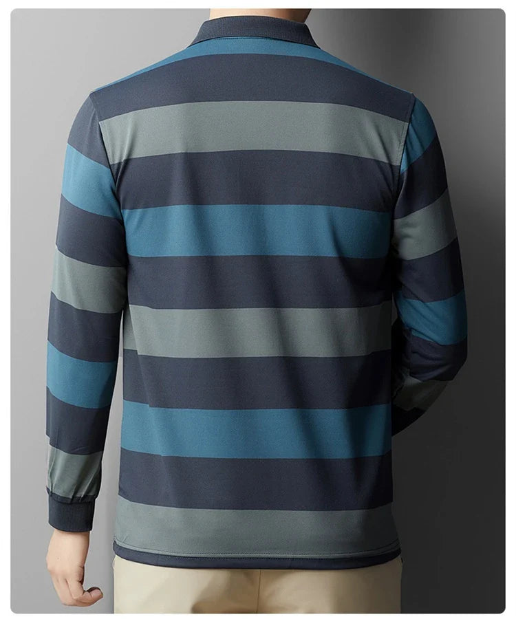 Premium Striped Long Sleeve Polo Shirt in Gray for Gentlemen - Soft, Breathable Fabric, Colour-Block Design, Versatile Casual-to-Smart Styling