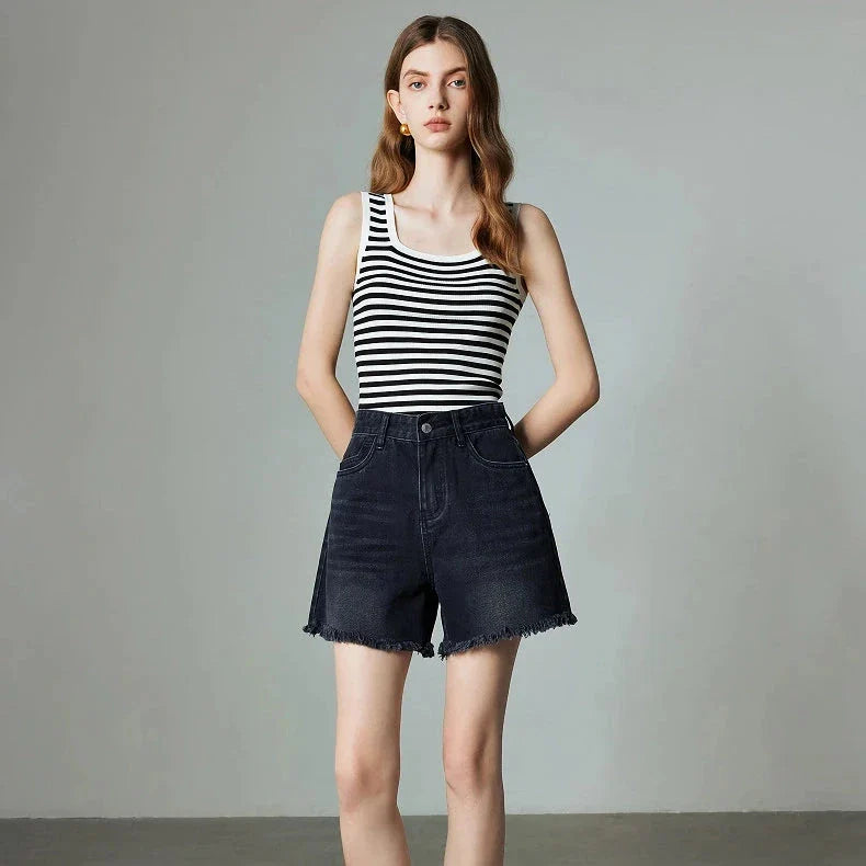 Vintage-inspired high-waisted denim shorts with tassel detailing for women
