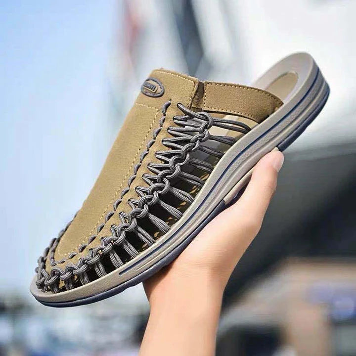 Stylish handwoven leather sandals for men in a range of colours, featuring a durable rubber sole and comfortable design.