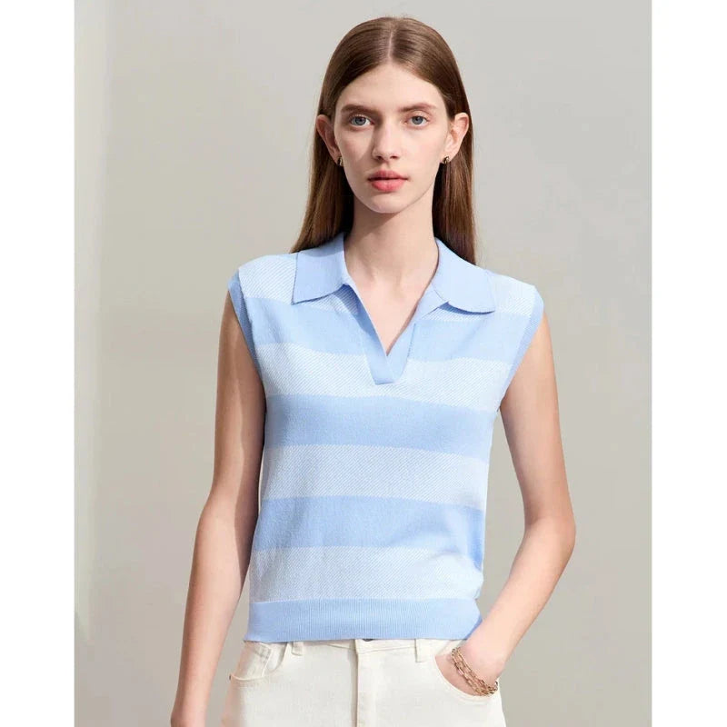 Chic Summer Knit Sleeveless Sweater in a neutral striped pattern, offering a comfortable and stylish option for warm weather wear.