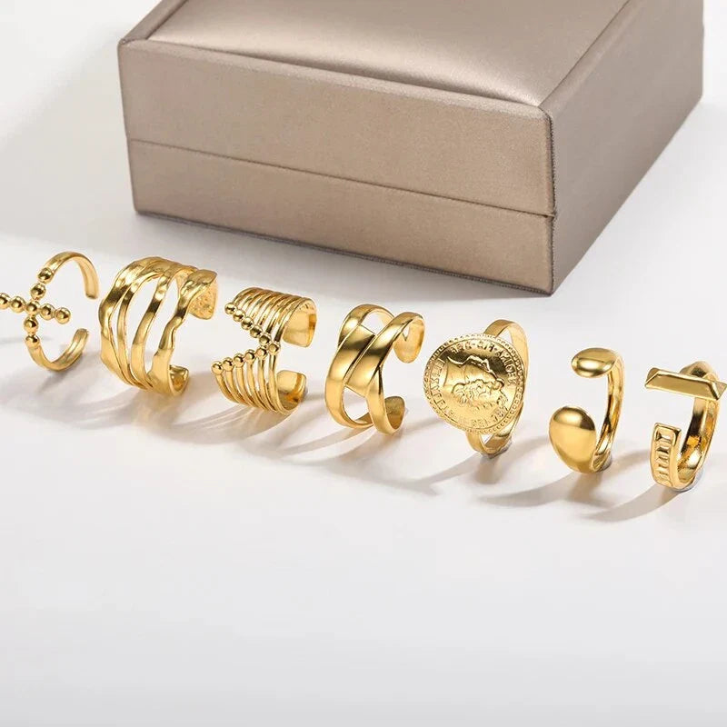 Stainless steel minimalist rings for women in a variety of sizes, showcasing a sleek and sophisticated design