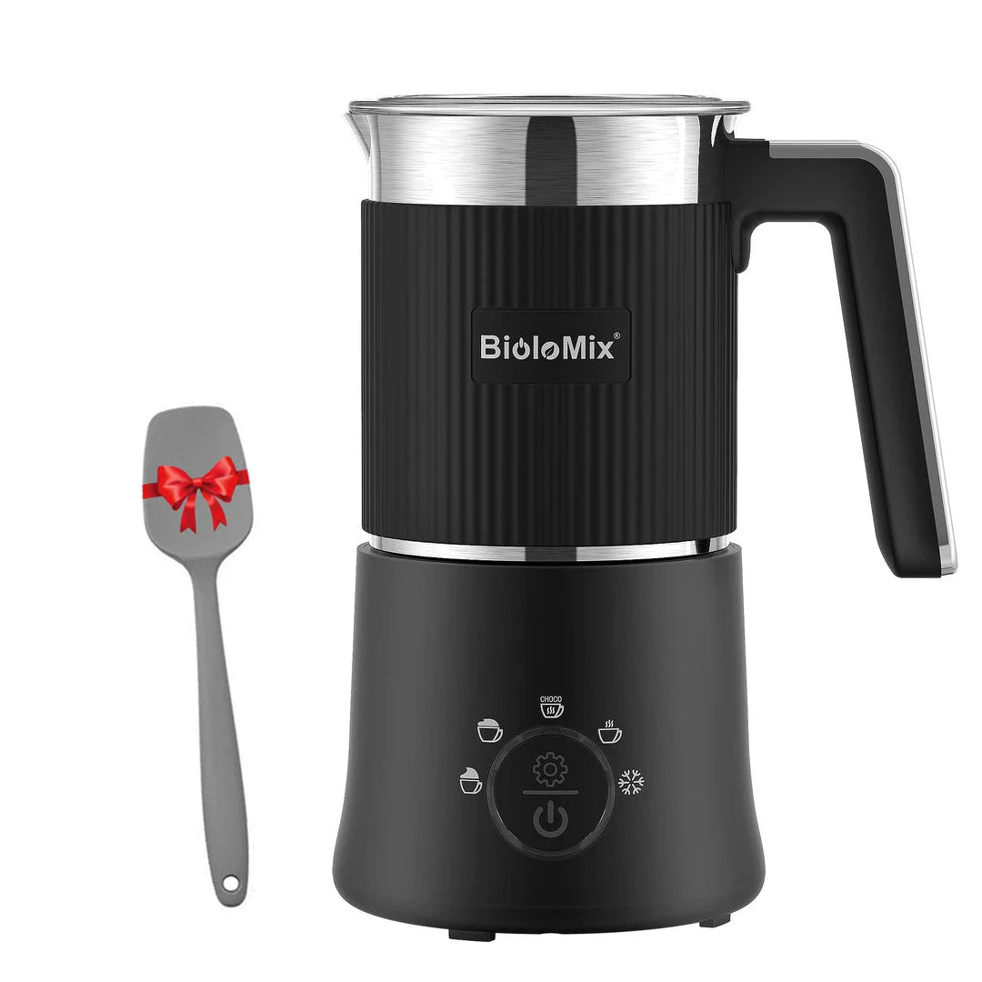 Detachable 5-in-1 Milk Frother and Steamer with stainless steel body and black finish