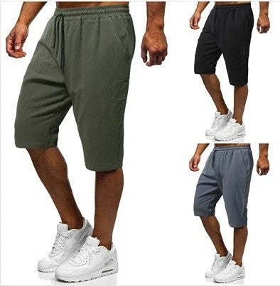 Men's casual linen-cotton cropped trousers in grey, green, and black colours with adjustable drawstring waist and straight-leg silhouette