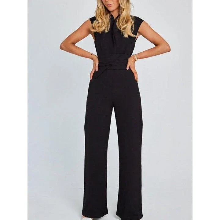 Elegant V-Neck Sleeveless Wide-Leg Jumpsuit in Khaki, a premium British fashion piece with a sophisticated design and versatile style.