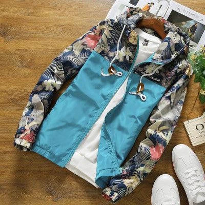 Men's slim-fit hooded jacket with camouflage print, zippered pocket, and premium chemical fibre blend fabric