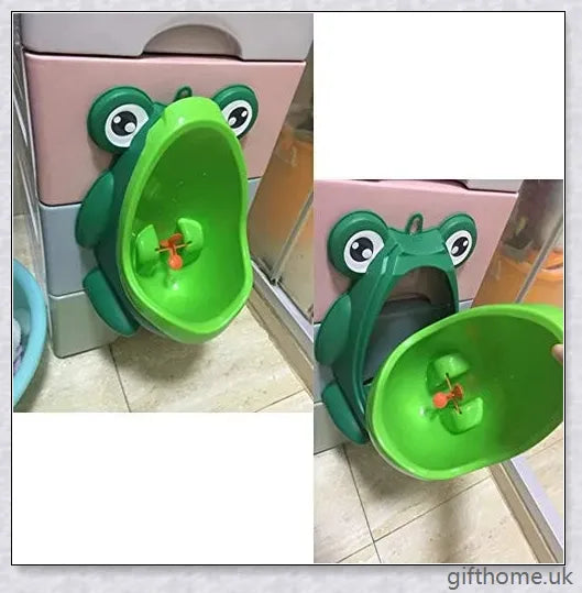 Frog-shaped potty training urinal with flexible target for toddler boys