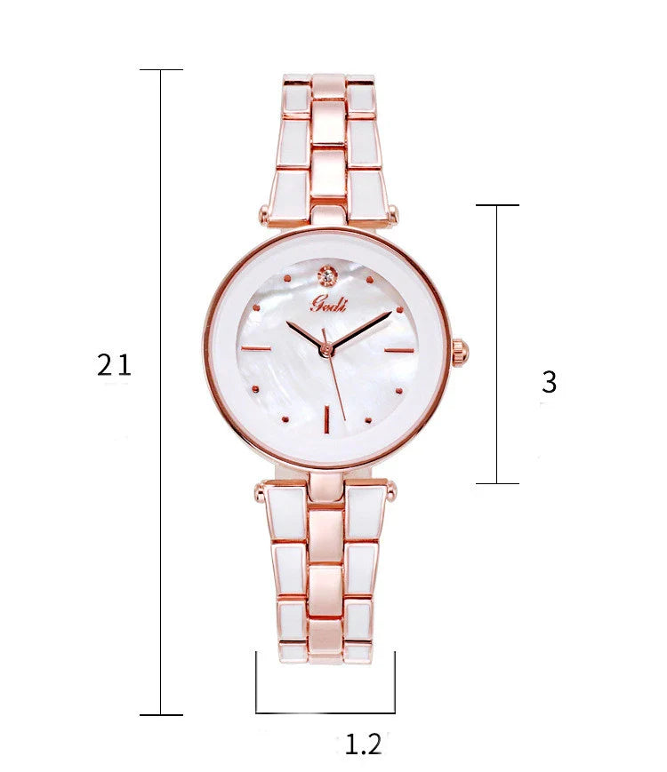 Trendha Ladies Watch with a sleek 30mm dial, screw-down crown, and stainless steel strap in a stylish white and rose gold colour scheme