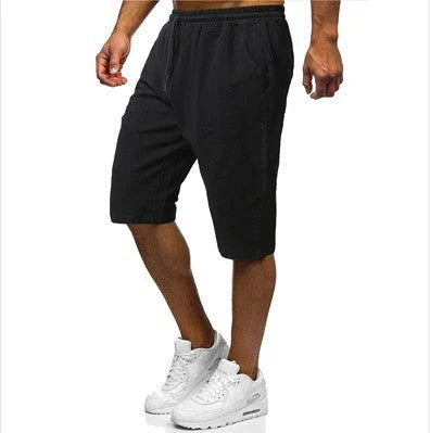 Men's casual linen-cotton cropped trousers in grey, green, and black colours with adjustable drawstring waist and straight-leg silhouette