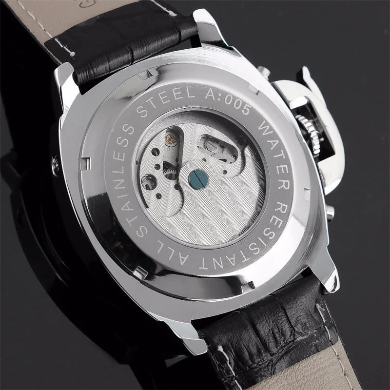 Automatic luminous skeleton watch with stainless steel case and genuine leather strap for men