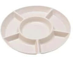Stylish round snack plate in green and khaki colours, perfect for serving fruit, nuts, or hors d'oeuvres at UK dinner parties and tea times.