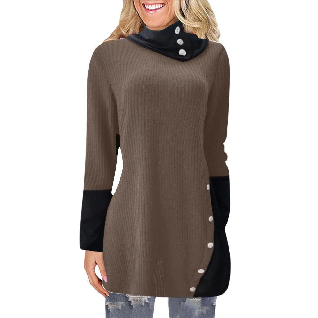 Elegant long-sleeve dress with A-line silhouette and stack collar, crafted from premium polyester for a flattering, comfortable fit