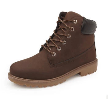 Durable lace-up ankle boots in yellow, featuring a robust rubber sole and faux leather construction for all-weather versatility.