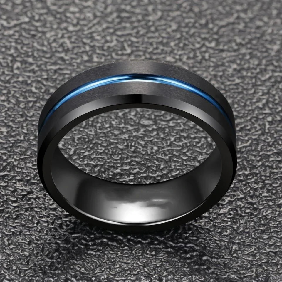 Sleek and stylish men's fashion ring made of durable tungsten steel with a classic black electroplated finish