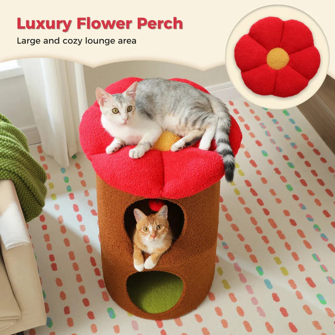 Luxurious double-decker cat bed with charming flower-shaped perch and interactive toy, made with soft corduroy fabric for maximum comfort.