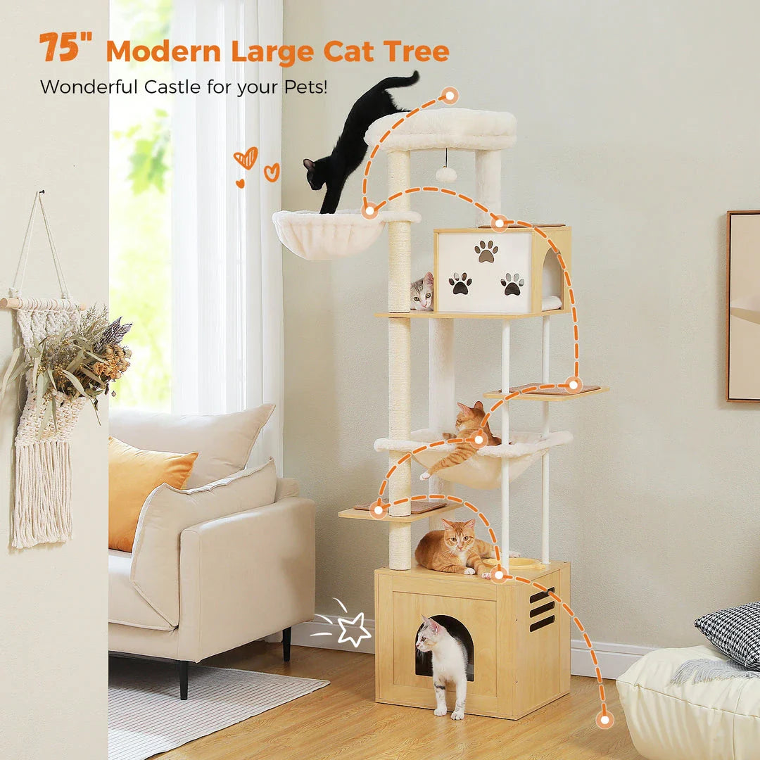 Large multi-level cat tree with spacious condos, hammocks, and sisal scratching posts for cats