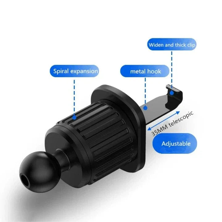 360-degree rotation car phone holder with secure hook-type base and one-handed operation for safe driving in the UK