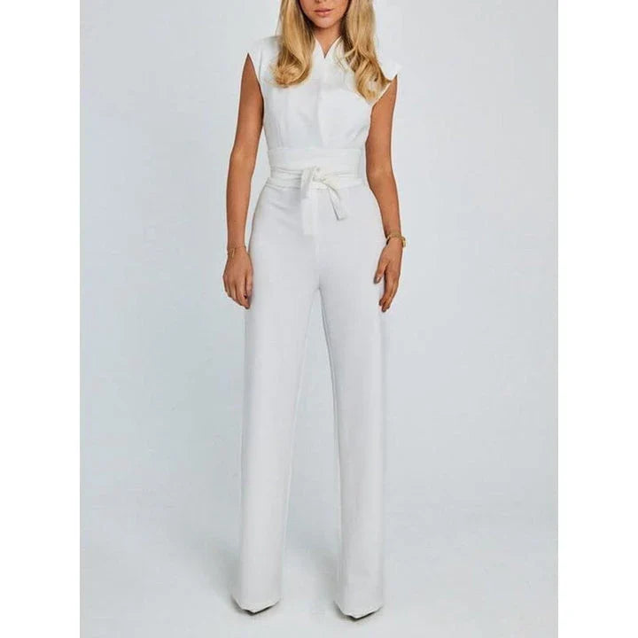 Elegant V-Neck Sleeveless Wide-Leg Jumpsuit in Khaki, a premium British fashion piece with a sophisticated design and versatile style.
