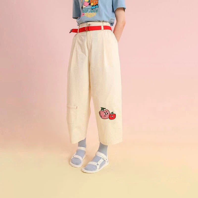 Women's high-waist cotton capri trousers with embroidered fruit designs in a relaxed straight-leg fit