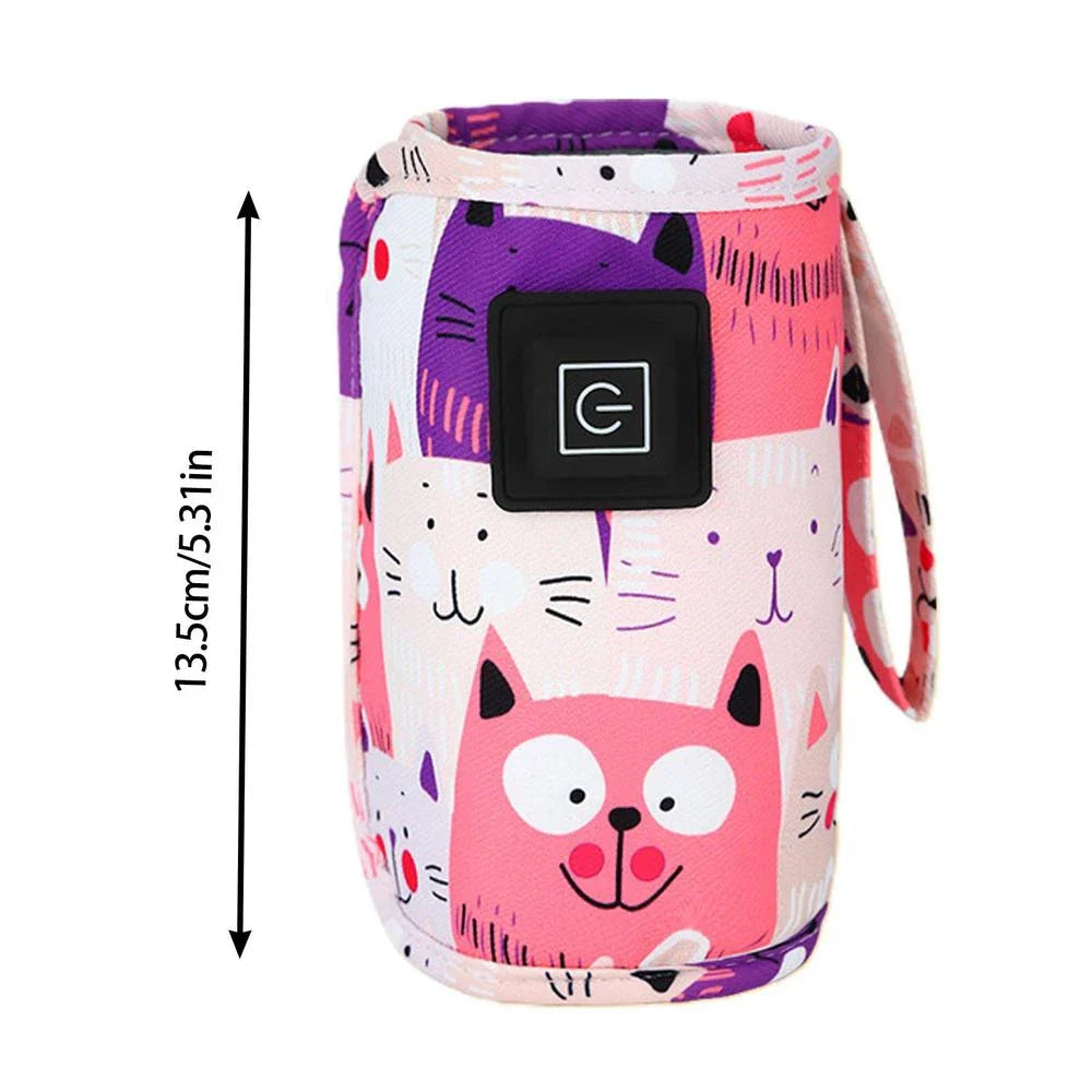 Portable USB Baby Bottle Warmer and Insulated Bag in purple, with a USB charging cable and temperature control settings