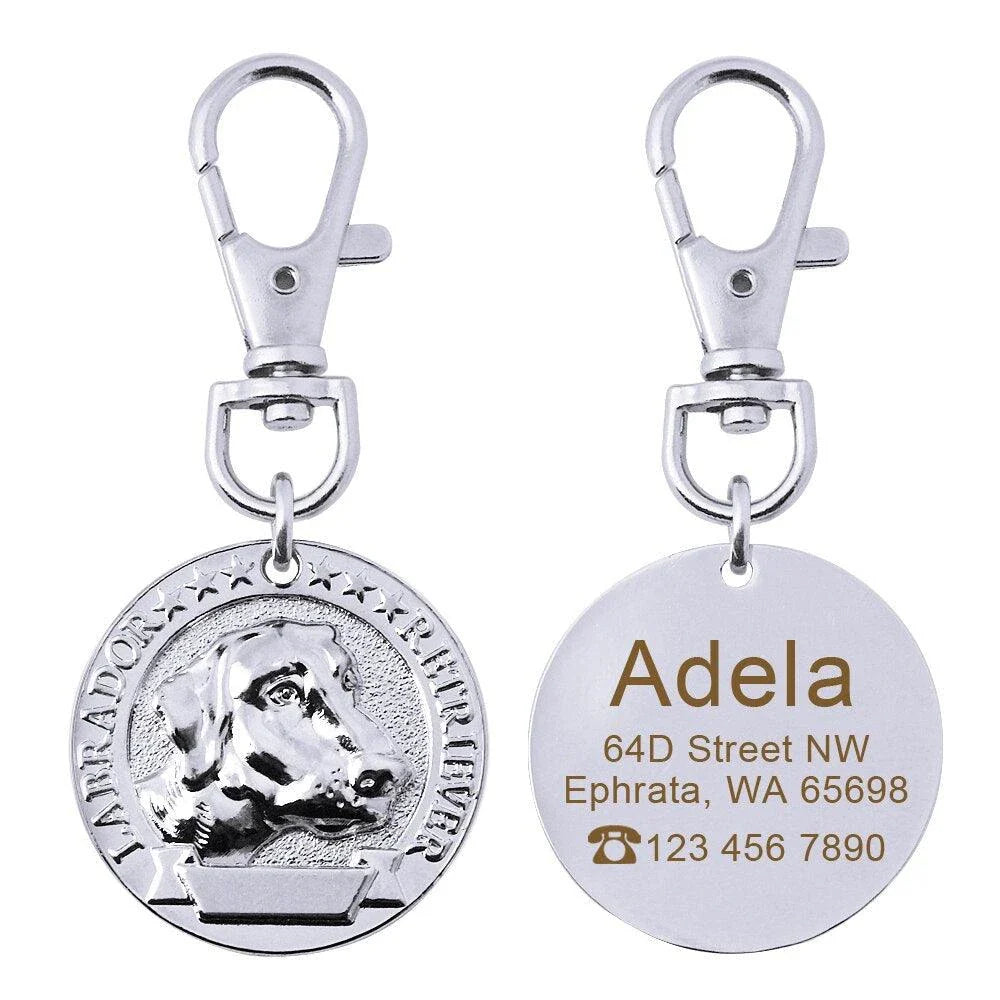 A premium silver dog ID tag with a customized engraved design, providing both style and practical functionality for your beloved canine companion.