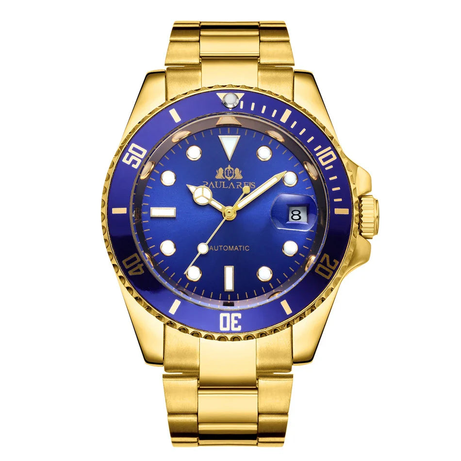 Elegant automatic watch with luminous hands and indices, showcasing British watchmaking excellence