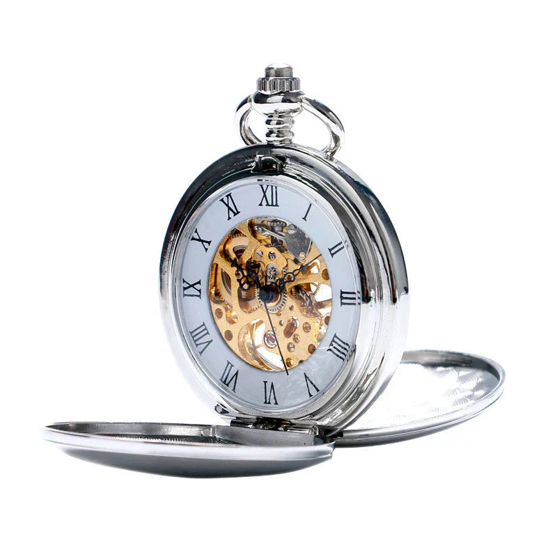 Classic minimalist vintage two-sided mechanical pocket watch in silver tone