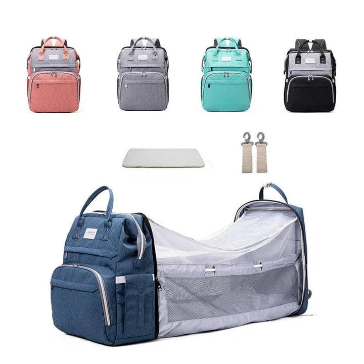 Multifunctional maternity diaper backpack with removable mosquito net, foldable crib, and water-resistant design for convenient family travel