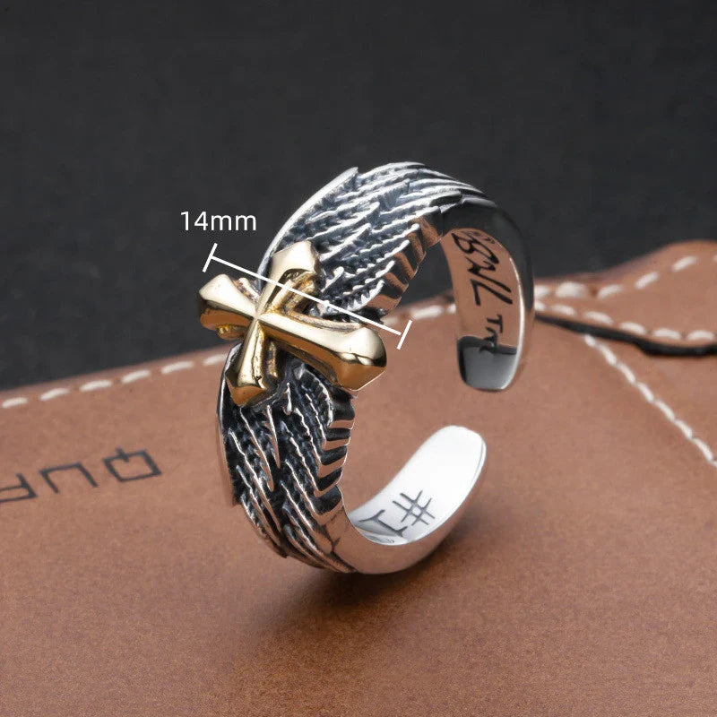 Men's sterling silver vintage cross wings ring with adjustable sizing