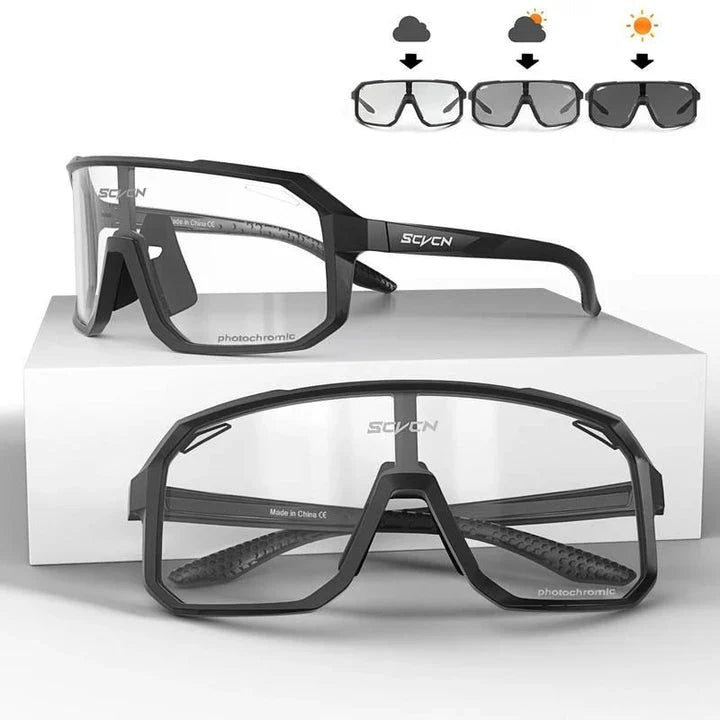 Pair of black photochromic cycling sunglasses with adjustable fit and UV400 protection